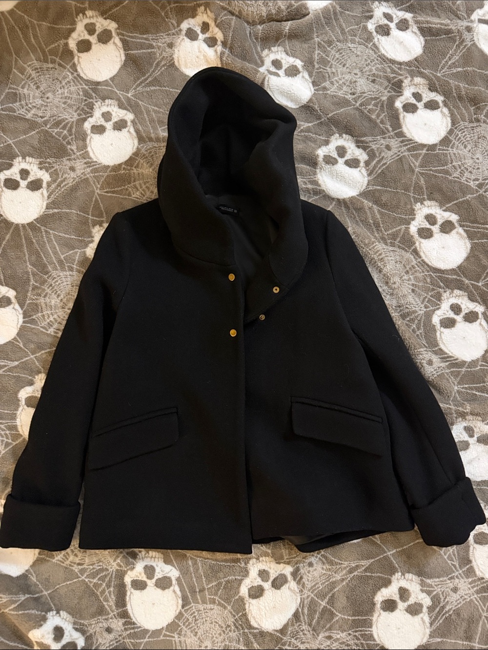 Zara Black Hooded Pea Coat with Gold Snap Details Size Small